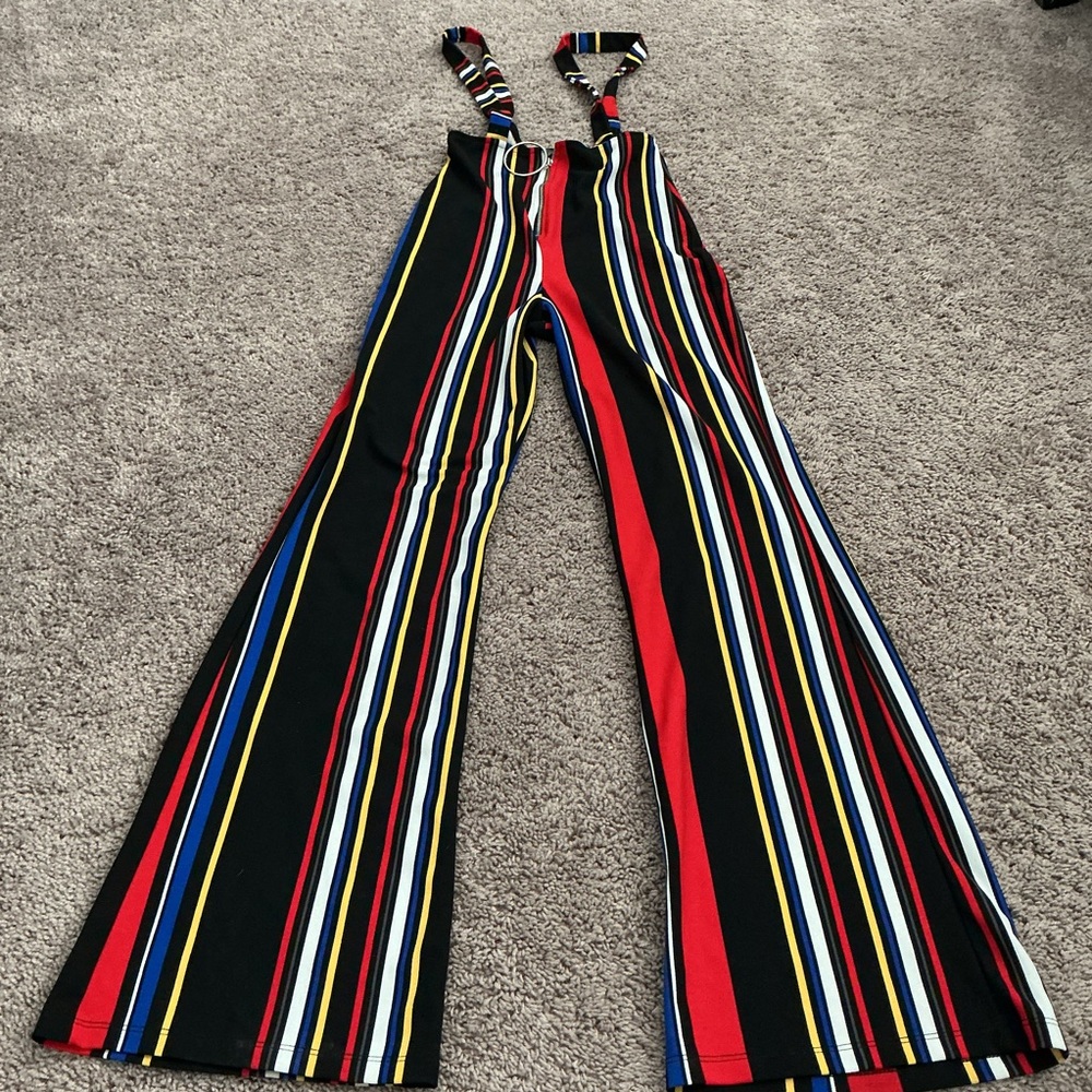 Fashion Nova Striped Flare Jumpsuit Retro Wide Leg Ring Zip Front XS Retro 70s